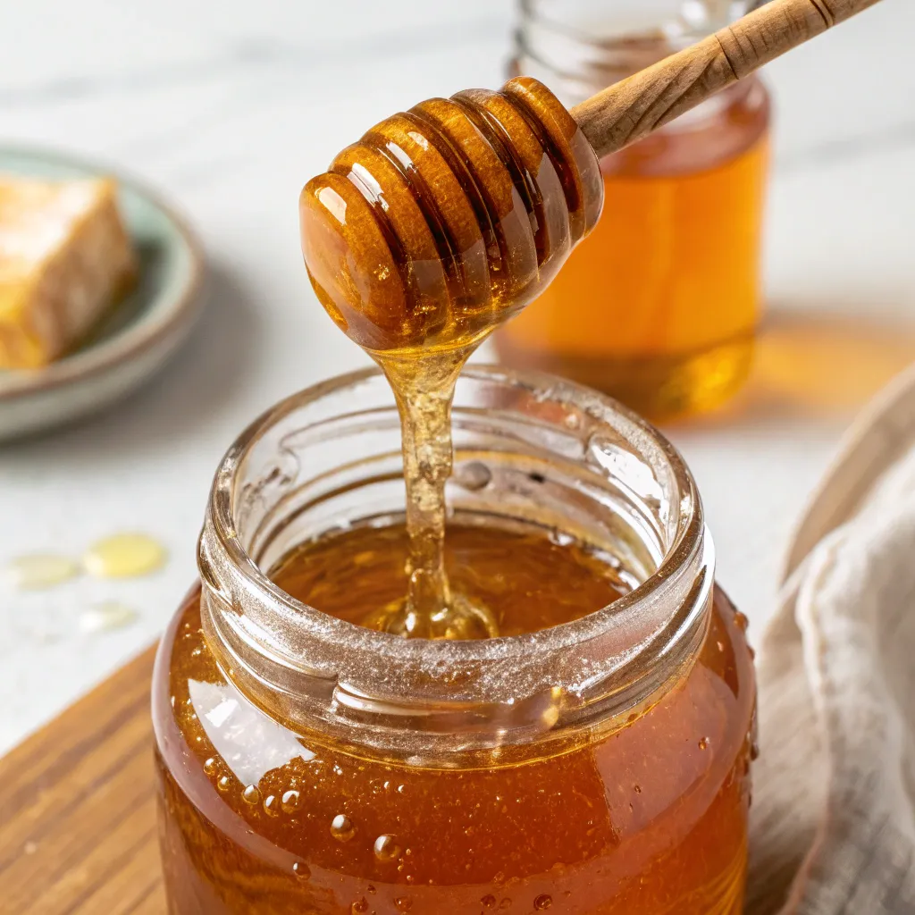 Jar of raw honey with a honey dipper